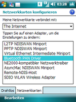 Windows Mobile Network Driver
  settings screen, with menu item “Bluetooth PAN Driver” selected